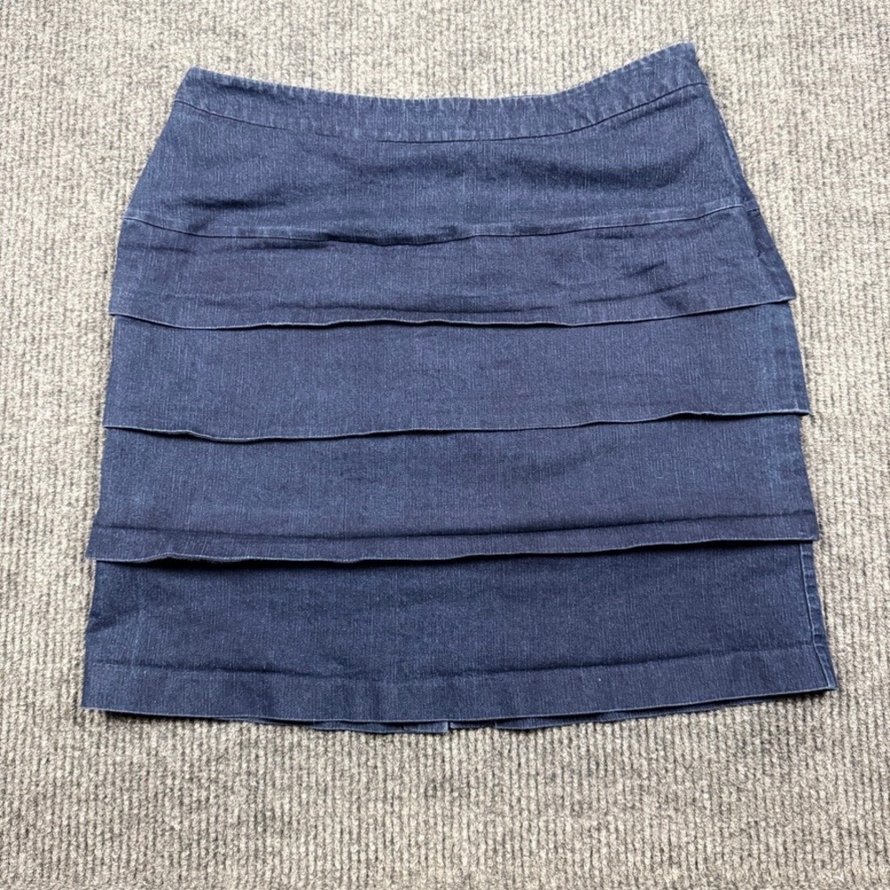 Dressbarn Women 14W Dark Wash Tiered Denim Mini Skirt Blue Cotton Blend Stretch